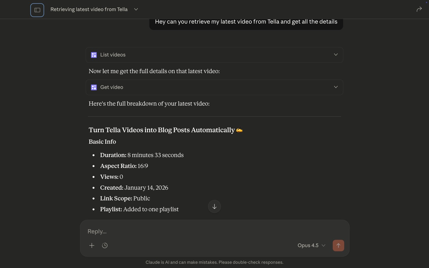 Retrieving video details from Tella using Claude