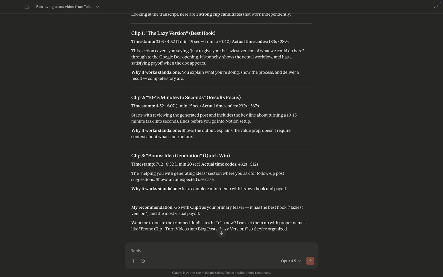 Claude analyzing transcript and suggesting clip opportunities